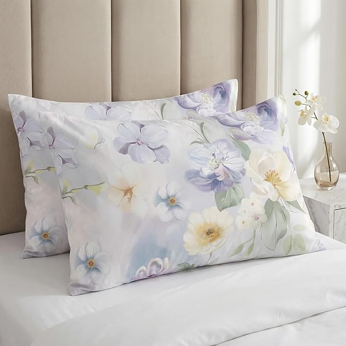 YIYEA Standard Pillow Cases Set of 2, Ultra Soft Double Brushed Microfiber Pillowcases Standard, Floral Bed Pillow Covers, Fade Resistant, Easy Slip-On (20"x26")