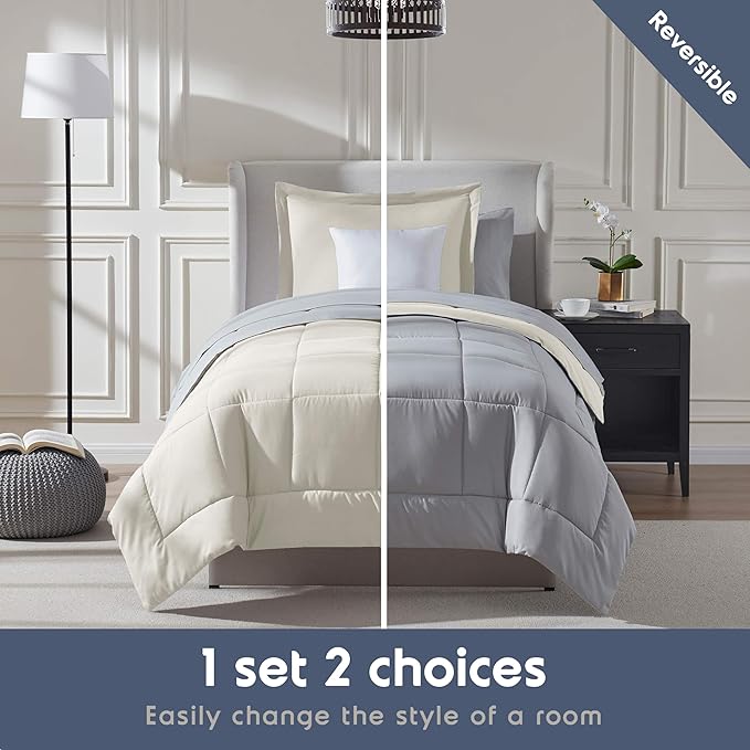 Nestl 7 Piece Twin XL Comforter Set – Off White Reversible Bed in a Bag – Complete Twin XL Size Bedding Set with Sheets, Set of 2 Down Alternative Pillows, Pillowcase and Sham