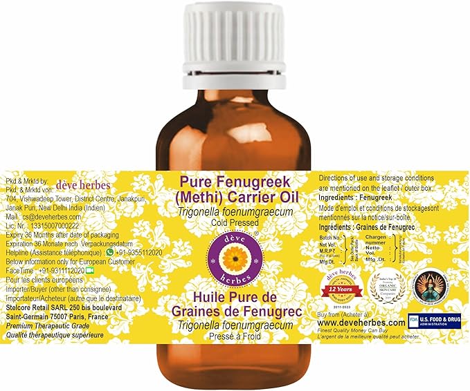 dève herbes Fenugreek (Methi) Oil (Trigonella foenumgraecum) | Cold Pressed | Pure | Natural | for Diluting Essential Oils | Hair, Skin & Massage | Non-Sticky | Lightweight | Unisex | 100ml (3.38 oz)