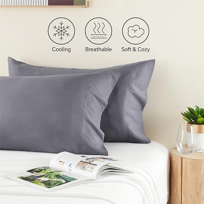 BEDELITE Cooling Pillow Cases for Hot Sleepers & Night Sweats, Rayon Derived from Bamboo, Grey Pillow Cases Queen Size of 2, Breathable and Silky Soft Envelope Pillowcases (20"x30")