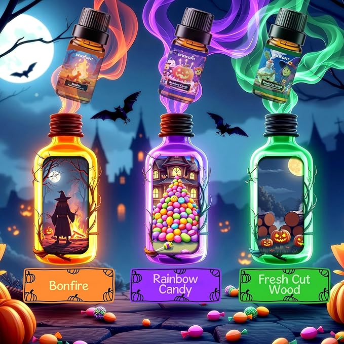 Halloween Fragrance Oils, Premium Essential Oils for Diffuser, Scented Oils for Candle & Soap Making - Pumpkin Pie, Fresh Cut Wood, Bonfire, Rainbow Candy, Pacific Pepermint, Buttered Bliss