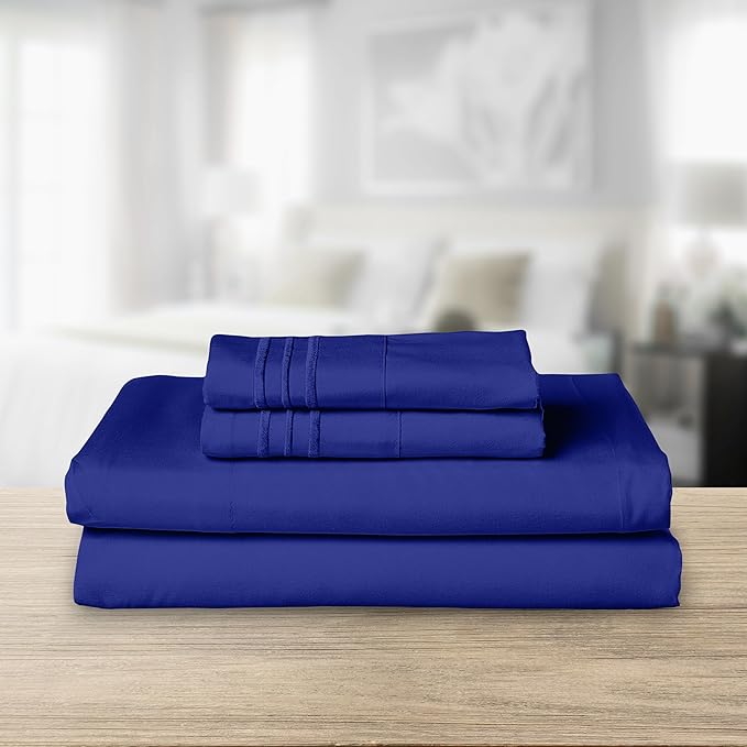 Elegant Comfort Luxurious 1500 Premium Hotel Quality Microfiber Three Line Embroidered Softest 4-Piece Bed Sheet Set, Wrinkle and Fade Resistant, King, Royal Blue