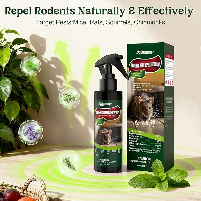Peppermint Oil Spray for Rodents-Rodent Repellent for Car Engines,Repel Mouse/Mice/Squirrel for Indoor&Outdoor,Natural&Plant Based,300ml