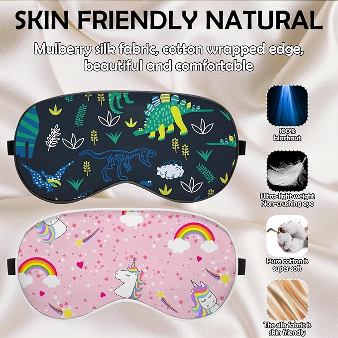 2 PCS Sleep Eye Mask Silk Sleeping Soft with Elastic Strap Eye Sleep Shade Cover for Cute Aesthetic Unisex Women Girls for Airplane Travel Nap-Dinosaurs Unicorn