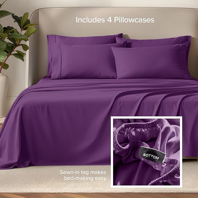 Bare Home Hotel Luxury King Sheet Set, Extra Soft - 6 Piece Set - Deep Pockets - Easy Fit - Cooling & Breathable - Wrinkle, Fade, Stain Resistant - Includes 4 Pillowcases (King, Plum)
