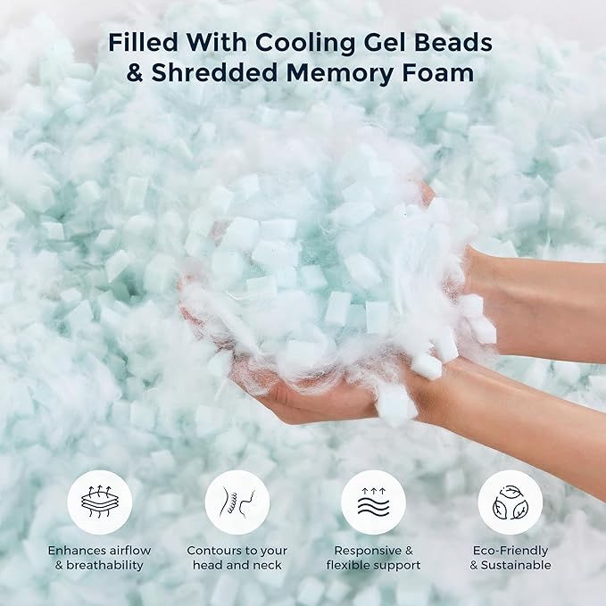Cooling Pillow with Shredded Memory Foam for Sleeping, 20x30 Adjustable Bed Pillow with Cool & Bamboo-Derived Rayon Side, Firm Pillow with Cooling Gel for Hot, Back, Stomach or Side Sleeper (Queen)