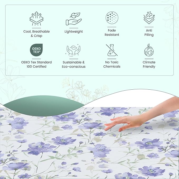 Feather & Stitch Softest 100% Cotton Sheets, 300 Thread Count Percale Weave Bedding, 16" Deep Pocket, Cooling Sheets, Breathable Bed Set, Hotel Premium Quality (Full, Violet Breeze)