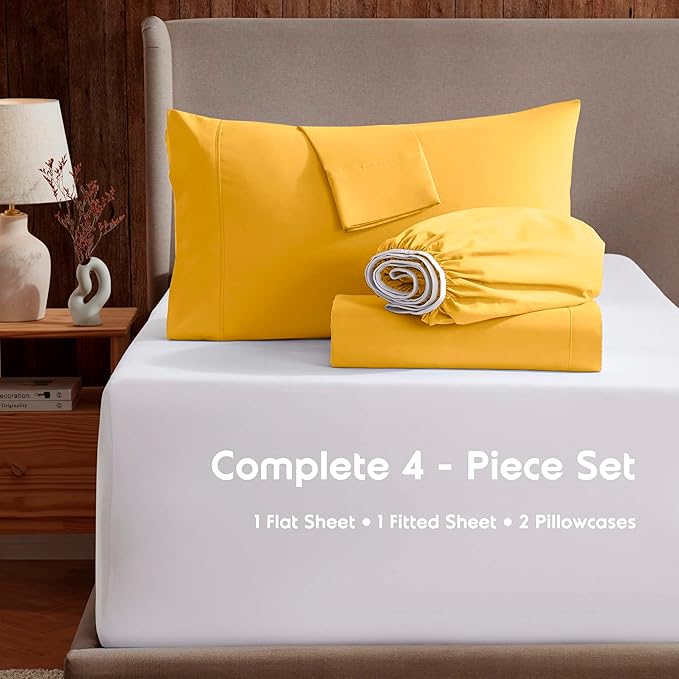 Nestl Extra Deep Twin Sheet Set - 4 Piece Breathable & Cooling Sheets - Hotel Luxury Bedding Set w/18-24 Inch Deep Pockets - Easy & Secure Fit - Super Soft, Wrinkle Free & Comfy - Yellow