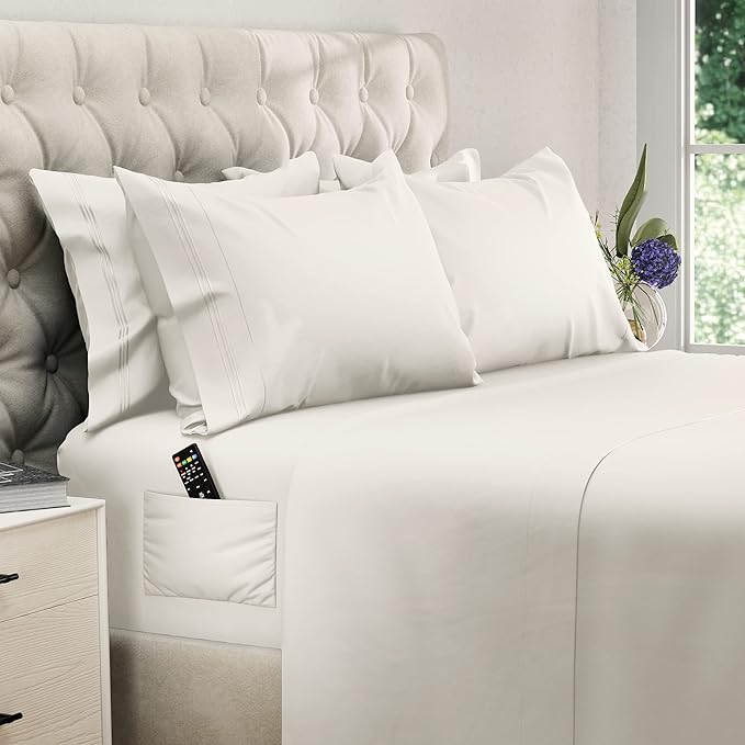 DREAMCARE King Size Sheets Set - 6 pcs Breathable Cooling Bed Sheets - up to 21" Extra Deep Pocket King Sheet Set with Side Pockets - Extra Soft 100% Brushed Hypoallergenic Hotel Luxury Bedding- Ivory