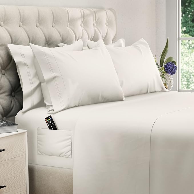 DREAMCARE King Size Sheets Set - 6 pcs Breathable Cooling Bed Sheets - up to 15" Deep Pocket King Sheet Set with Side Pockets - Extra Soft 100% Brushed Hypoallergenic Hotel Luxury Bedding - Ivory