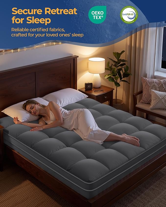 Queen Mattress Topper, Extra Thick Mattress Pad Cover for Deep Sleep,3D+7D Snow Down Alternative Fill Overfilled Plush Pillow Top Mattress with 8-23 Inch Deep Pocket-Grey