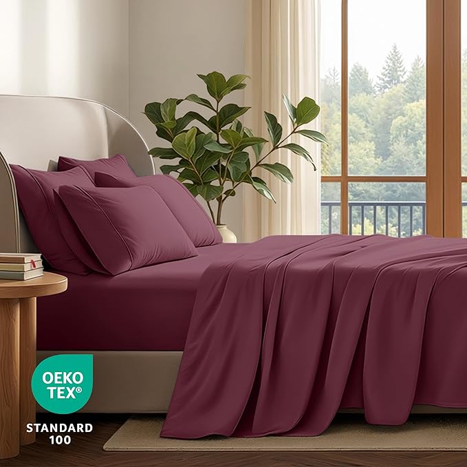 Bare Home Hotel Luxury Queen Sheet Set, Extra Soft - 6 Piece Set - Deep Pockets - Easy Fit - Cooling & Breathable - Wrinkle, Fade, Stain Resistant - Includes 4 Pillowcases (Queen, Burgundy)