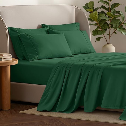 Bare Home Hotel Luxury Queen Sheet Set, Extra Soft - 6 Piece Set - Deep Pockets - Easy Fit - Cooling & Breathable - Wrinkle, Fade, Stain Resistant - Includes 4 Pillowcases (Queen, Forest Green)