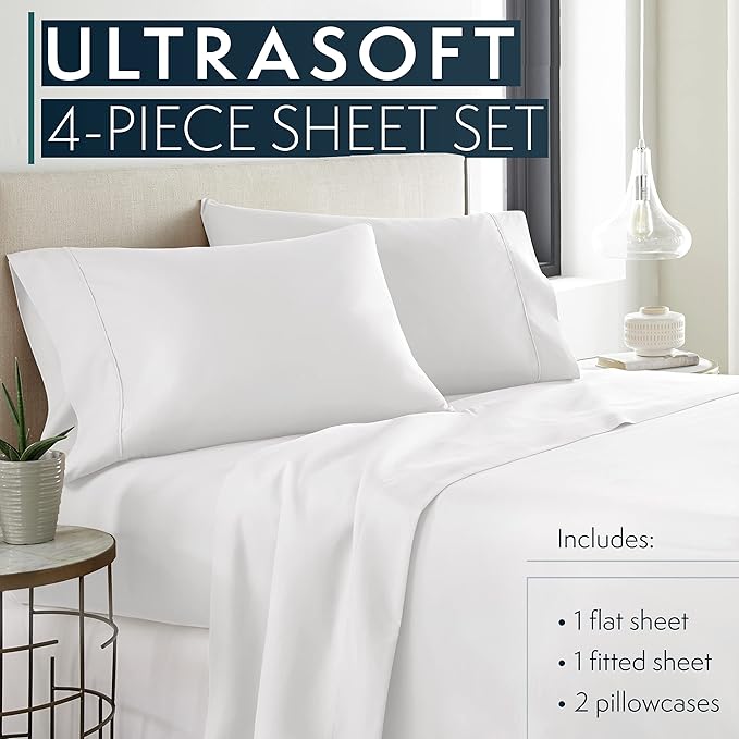 HC COLLECTION Bed Sheets Set King with 2 Pillowcases, Hotel Luxury Platinum 1800 Series Brushed Microfiber Sheet w/Deep Pocket, Ultra Soft Lightweight 4 Pcs Linen Bedding for Hot Sleepers, White
