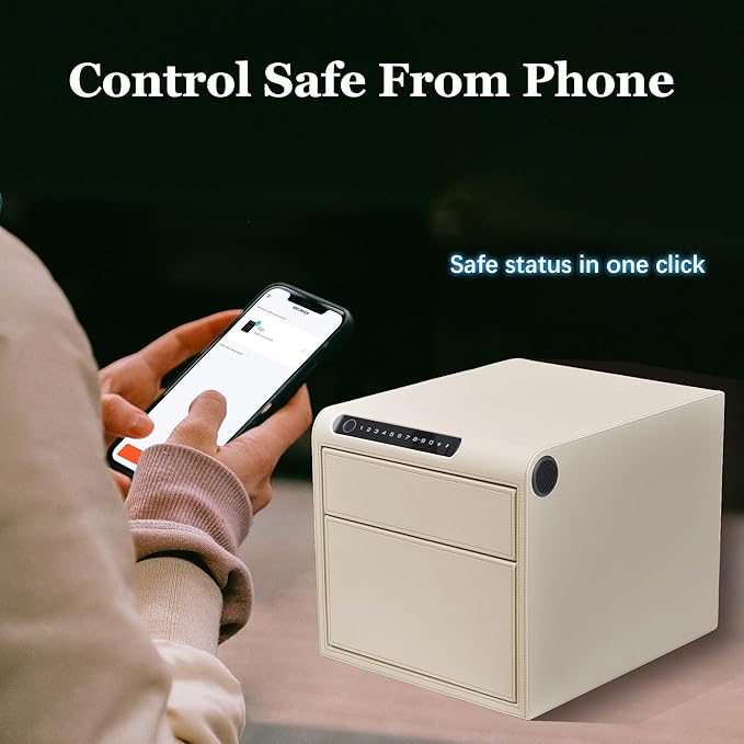 Jewelry Safe with Drawers，Biometric Fingerprint safe, Slide-Away Handgun Safe for Pistols, Leather Wrapped Jewelry Storage Safe, Digital Keypad & Quick-Access Drawer(White- 2 Drawer)