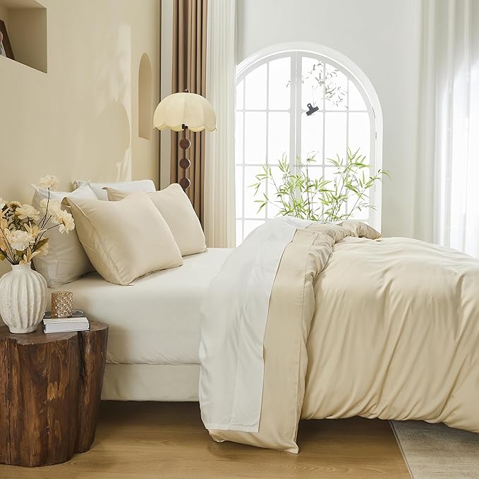 Simple&Opulence Cooling Duvet Cover Set Queen Size, 3 Pcs 100% Viscose Derived from Bamboo Hotel Luxury Silky Bedding Set, Breathable Soft Comforter Cover for Hot Sleeper with 2 Pillowcases(Beige)