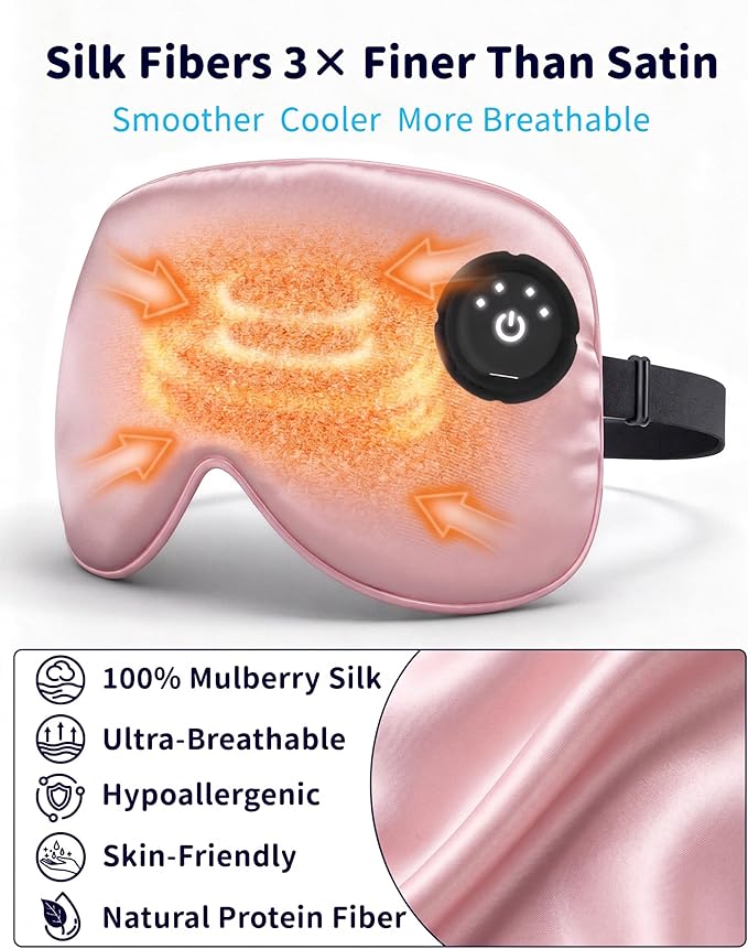 Heated Eye Mask for Dry Eyes (Pink) - USB Rechargeable Eye Warmer with 100% Pure Mulberry Silk, FSA- HSA Eligible, Eye Relief, Improved Sleep, 22 Momme Cordless Warm Compress for Beauty Sleep