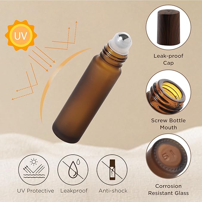 SESENSE Essential Oil Roller Bottles, 10ml Thick Glass Perfume Roller Bottles with Funnel Opener and Dropper Amber Glass Empty Bottles with Stainless Steel Roller Balls (Amber, 4 Pack)