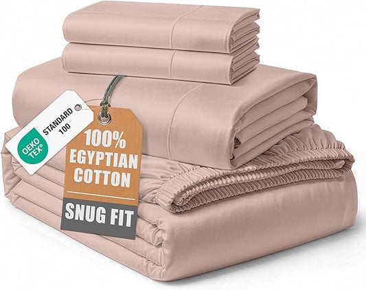 100% Egyptian Cotton Sheets Queen Size - Naturally Cooling & Breathable 4 Piece Silky Sateen Weave Queen Sheet Set, Ultra-Soft & Durable Hotel Luxury Sheets with 15" Snug Fit Deep Pockets - Sepia Rose