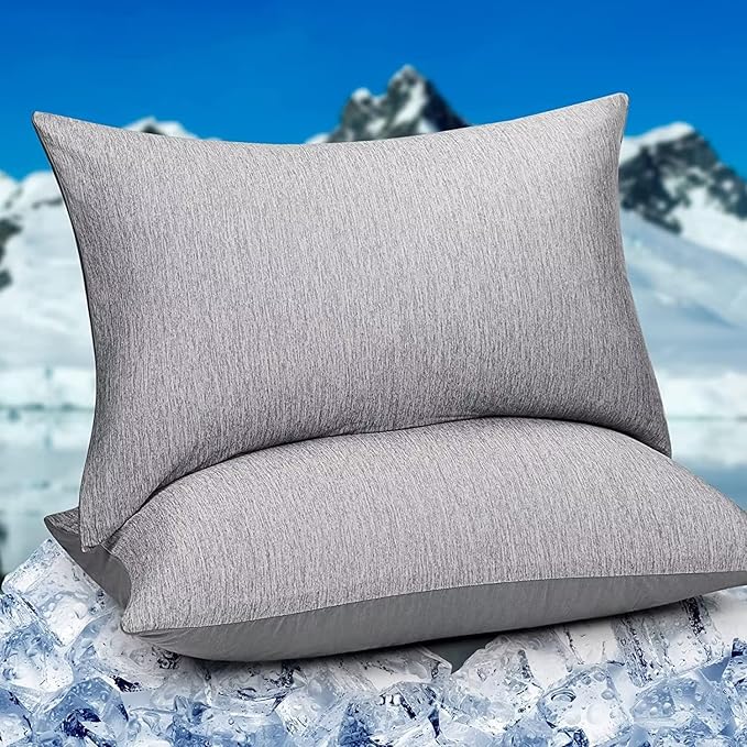 HOMFINE Cooling Pillowcases King Size - Double Side Q-Max 0.439 Cooling Fiber for Pillow Protector, Breathable Cold Pillow Cover for Hot Sleeper Night Sweat, Hidden Zipper, 2 Pack (20"x36", Grey)