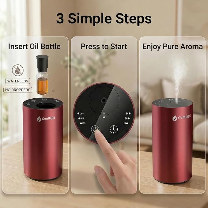 GentleJet LiteMist Waterless Nebulizing Essential Oil Diffuser – Cold Air Aromatherapy, USB-C Cordless 2000mAh Battery, Aluminum Portable for Home Office Car, 20ml