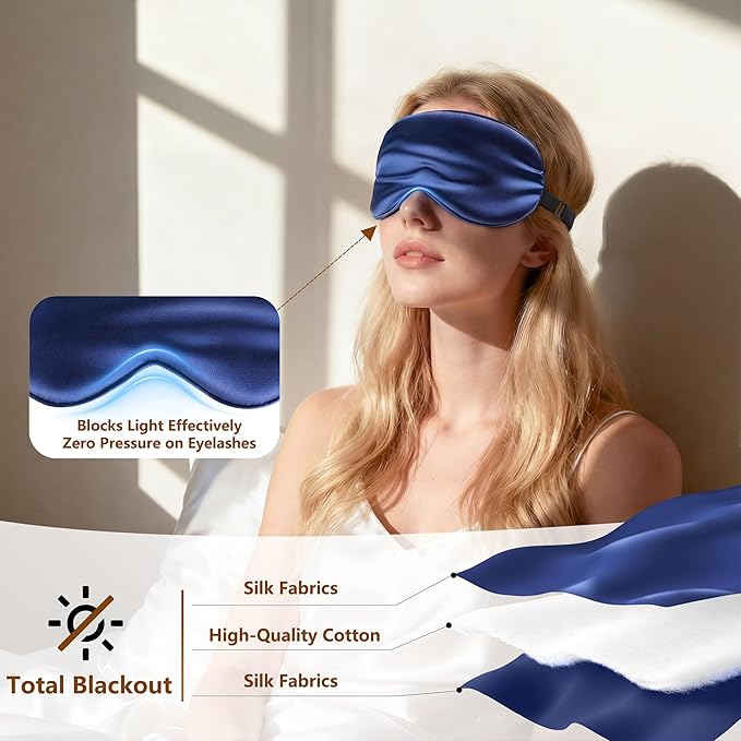 Sleep Mask Silk Eye Mask for Men Sleeping Mask, Adjustable Elastic Strap for Night Shading Sleep Mask, Soft and Comfortable for Both Men and Women (Dark Blue, 2 Packs)