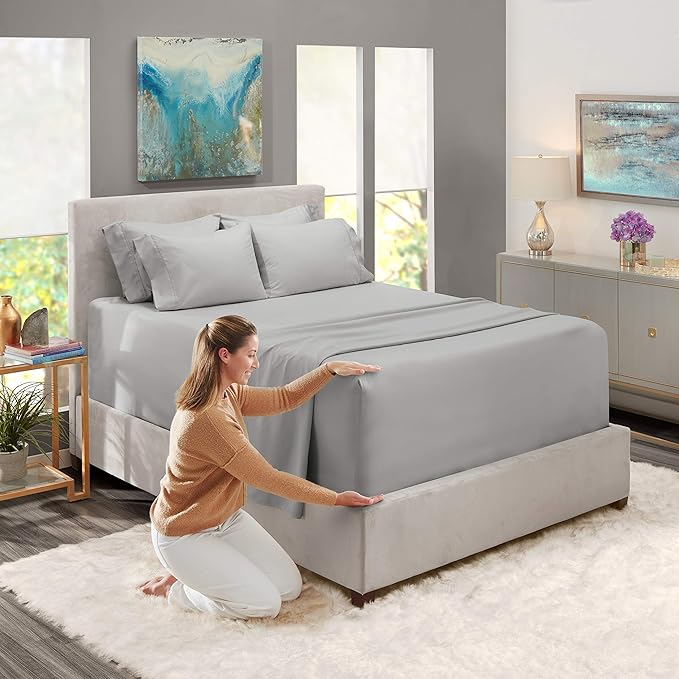 Hearth & Harbor Extra Deep Pocket Queen Sheets Sets - Fits Mattress 18-24 Inches Deep - Extra Deep Pocket Sheets - 6 Piece Queen Size - Silver