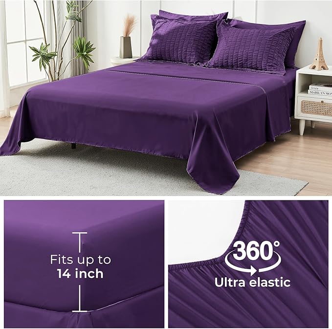HYMOKEGE Dark Purple King Size Comforter Set Seersucker 7 Pieces, All Season Luxury Bed in a Bag for Bedroom, Bedding Set with Comforter, Sheets, Pillowcases & Shams
