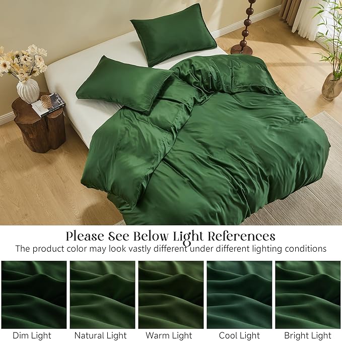 Simple&Opulence Cooling Duvet Cover Set Queen Size, 3 Pcs 100% Viscose Derived from Bamboo Hotel Luxury Silky Bedding, Breathable Soft Comforter Cover for Hot Sleeper with 2 Pillowcases(Olive Green)