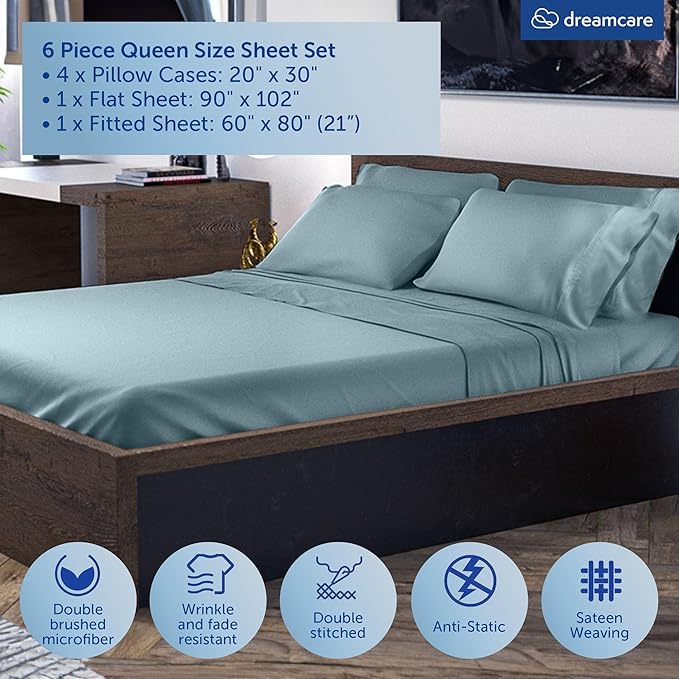 DREAMCARE Queen Sheet Set - 6 pcs Breathable Cooling Bed Sheets - up to 21" Extra Deep Pocket Queen Sheets Set with Side Pockets - Extra Soft 100% Brushed Hypoallergenic Hotel Luxury Bedding Mnrl Blue