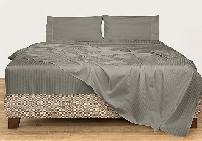 ROYALE LINENS 300 Thread Count 100% Long Staple Combed Cotton Striped Sheet Set - 3 Piece Twin Bed Sheets - 1 Fitted, 1 Flat & Pillow case -Soft Cool & Crisp Sheet Set (Twin, Stripe Silver)