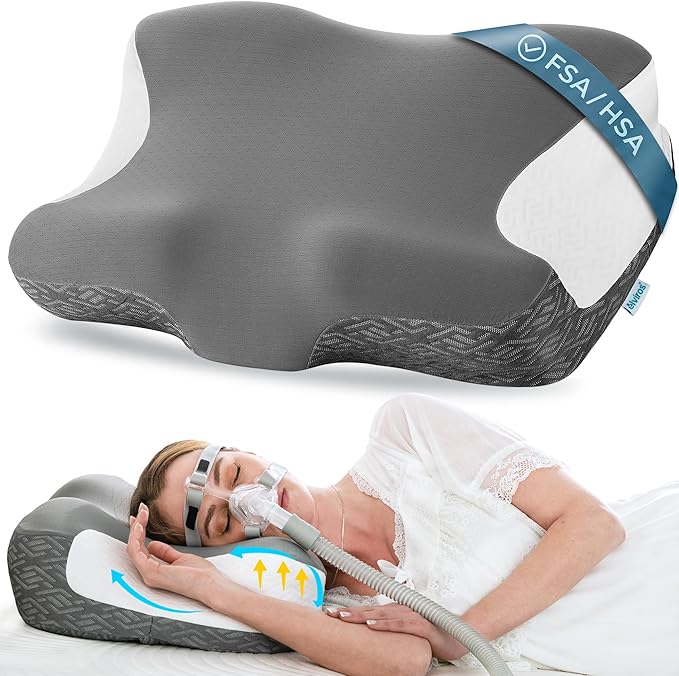 Elviros Cervical Neck Pillow for Neck Pain Relief, CPAP Pillow for Side, Back & Stomach Sleepers, Ergonomic Orthopedic Pillow for CPAP Users to Reduce Air Leaks and Mask Pressure, Dark Grey