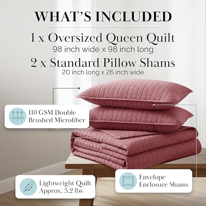 Southshore Fine Living, Inc. Queen/Full Size Quilt Bedding Set with 2 Pillow Shams, Soft Comfy Queen Coverlet/Full Size Bedspread, Machine Washable, Easy Care, Oversized for Total Coverage, Marsala