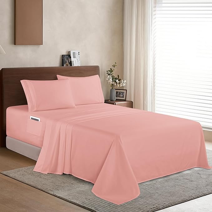 Elegant Comfort Luxury 1500 Premium Hotel Quality Microfiber 4-Piece Sheet Set - Soft, All Around Elastic 18-24 Inches Deep Fitted Sheet - Extra Deep Pocket Sheets, Queen, Dusty Rose