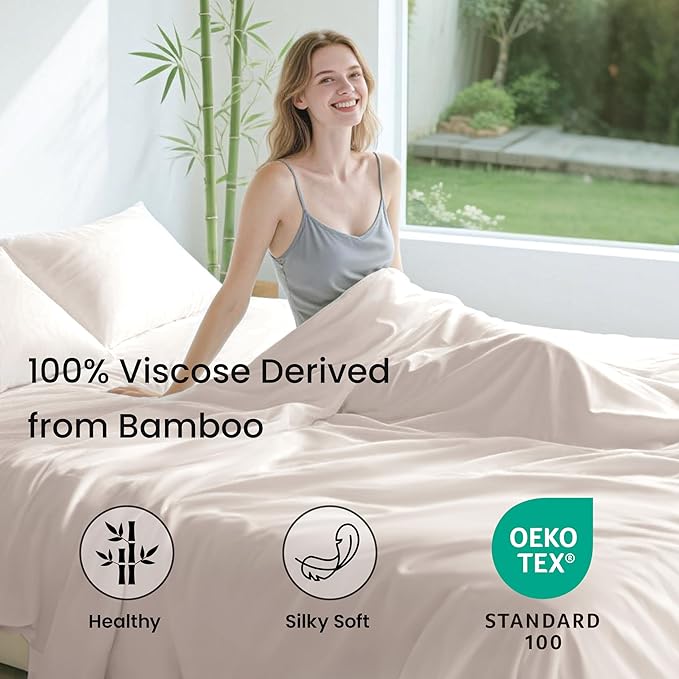Love's cabin 3 Piece Twin XL Sheet Set, 100% Rayon Derived from Bamboo, Cooling & Breathable, Soft Silky Deep Pocket up to 16", Hotel Luxury Bedding for Hot Sleepers, Sand