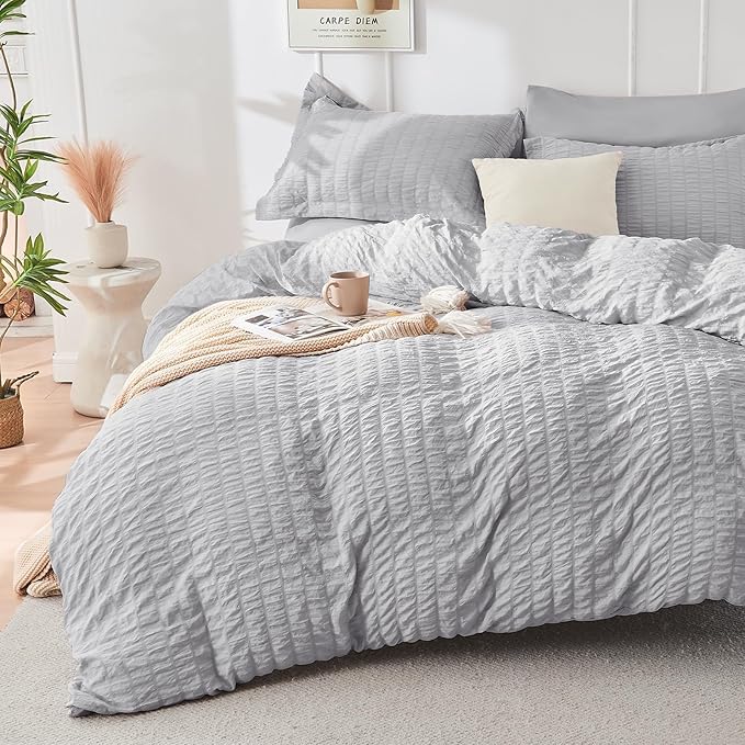 HYMOKEGE Light Grey Oversized King Comforter Set Seersucker 7 Pieces, All Season Luxury Bed in a Bag for Bedroom, Bedding Set with Comforter, Sheets, Pillowcases & Shams