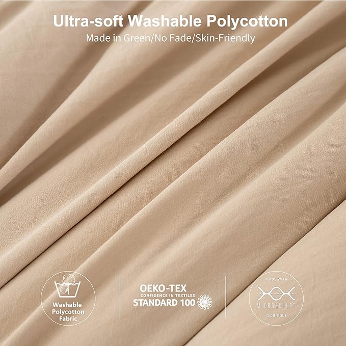 Comforter Set Full Size Bedding, Super Soft Comfy Cozy Solid Double Bed Blanket 1 Down Alternative Comforter and 2 Pillowcase Fluffy Softness Light Weight All Season Use, Khaki Beige