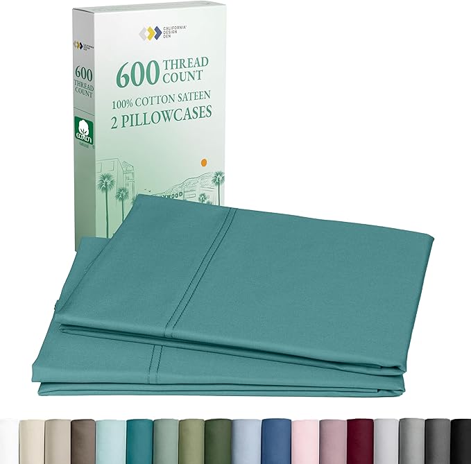 California Design Den Queen/Standard Pillow Cases Set of 2 - Premium 600 Thread Count, Soft 100% Cotton Queen Size Pillow Case, Crisp Sateen, Fits Standard & Queen Pillows - Teal