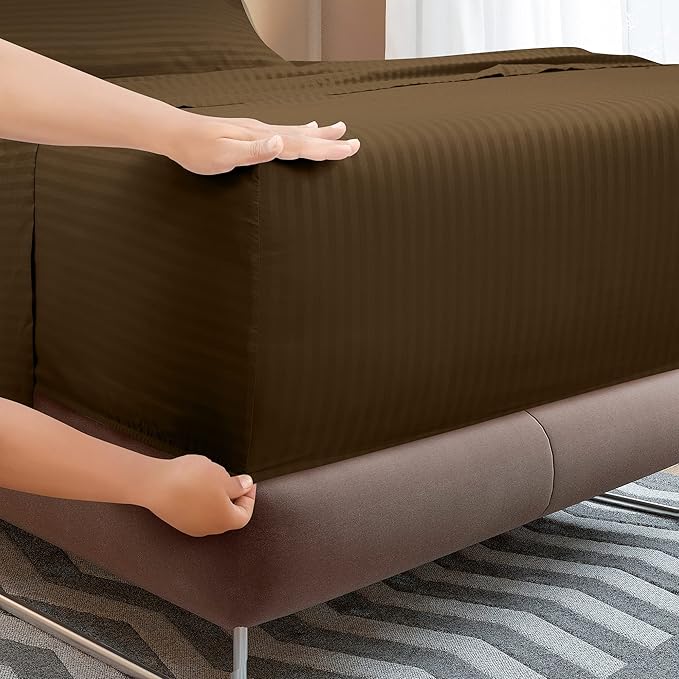 ROYALE LINENS 4 Piece King Sheets Set - Soft Brushed 1800 Microfiber - 1 Fitted, 1 Flat Sheet, 2 Pillow Cases - Wrinkle Free & Fade Resistant - Hotel Luxury Bed Sheets (Stripe Chocolate, King)