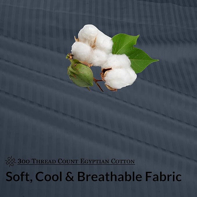 ROYALE LINENS 300 Thread Count 100% Long Staple Combed Cotton Printed Sheet Set - 4 Piece Full Bed Sheets - 1 Fitted, 1 Flat, 2 Pillow Cases -Soft Cool & Crisp Sheet Set (Full, Stripe Navy)
