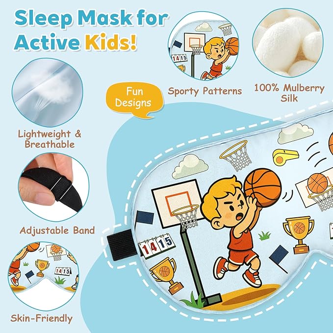 Kids Silk Sleep Mask – 100% Mulberry Silk Eye Cover, Kid Eye Mask with Adjustable Strap, Soft & Breathable Blackout Sleeping Mask for Boys and Girls Ages 5-15 (Basketball Style)