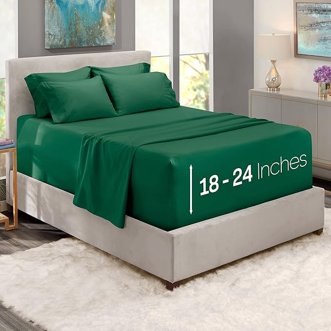 Hearth & Harbor Bed Sheets, Luxury Soft 6 Piece Bed Sheet Set Extra Deep Pocket Fitted Sheets Fits Mattress up to 21", Double Brushed Bedding Sheets & Pillowcases, Queen, Hunter Green