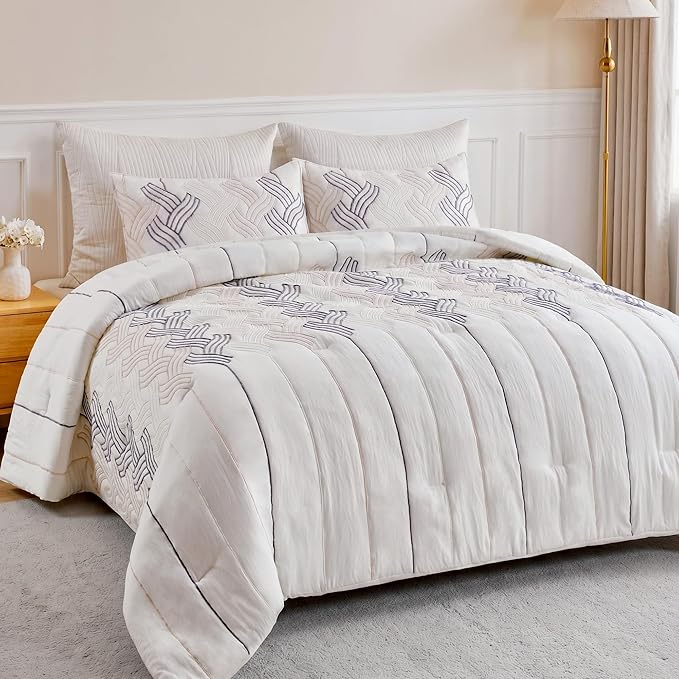 UNIKOME King Size Comforter Set White - Luxury Rope Embroidery Ultra Soft Lightweight Warm Bedding Set for All Seasons, 3 Pieces Down Alternative Bed Set with Comforter, 2 Pillowcases