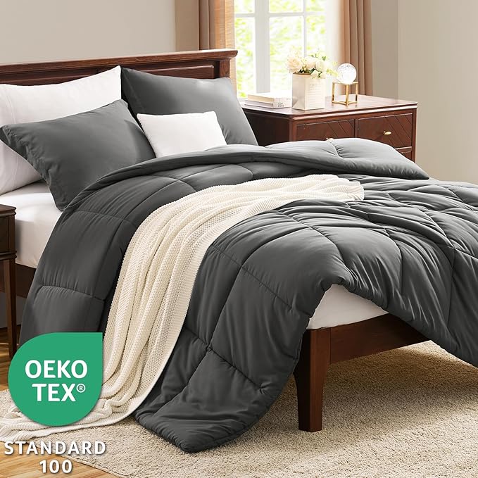 CozyLux Oversized King Comforter Set, 3 Pieces Dark Grey 120x98 Box Stitched Design Soft Bedding Set, All Season Lightweight Breathable Bed Set with 1 Down Alternative Comforter and 2 Pillow Shams