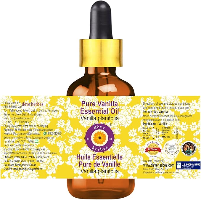 Deve Herbes Pure Vanilla Essential Oil (Vanilla planifolia) with Glass Dropper Steam Distilled 50ml (1.69 oz)