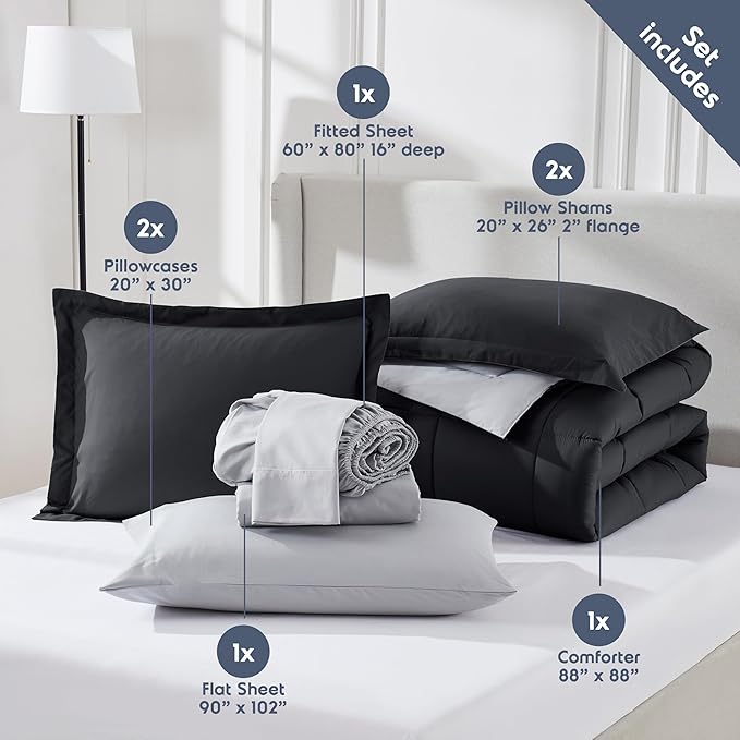 Nestl 9 Piece Queen Comforter Set – Black Reversible Bed in a Bag – Complete Queen Size Bedding Set with Sheets, Set of 2 Cooling Pillows, Pillowcases and Shams
