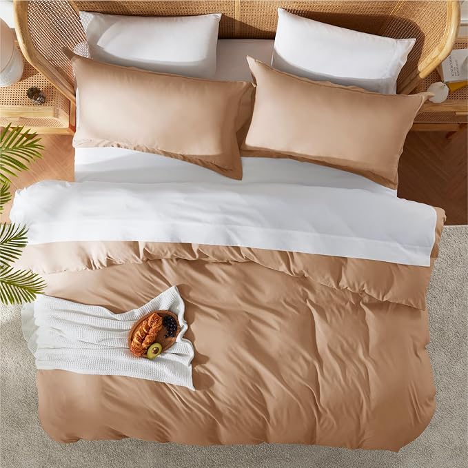 Nestl Twin Duvet Cover Set with Comforter Insert - Mocha Brown 3 Piece 68x90 Duvet Cover & 1 Pillow Sham with White Quilted Down Alternative Comforter, Ultra Soft, All Season
