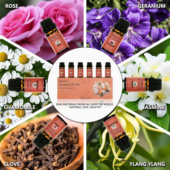 Essential Oils Set,100% Pure Natural,6 Scents(Clove/Chamomile/Rose/Jasmine/Geranium/Ylang Ylang),for Aromatherapy and Home Fragrance,Aroma Therapy Oil,Gift (0.33Fl Oz*6, Flower Set)