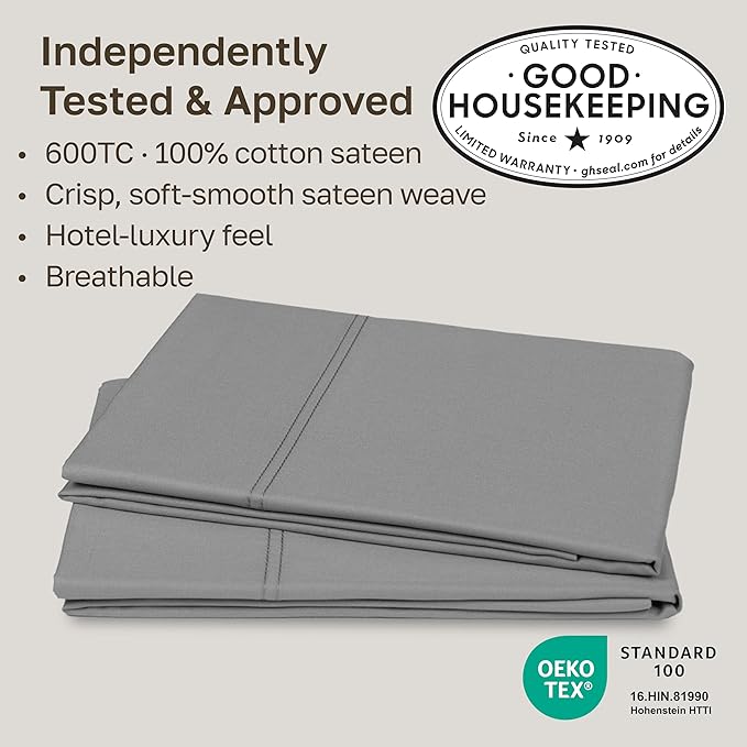 Luxuriously Soft Premium 600 Thread Count, 100% Cotton Set of 2 Cases, Crisp Pillow Cases King Size Set of 2, Fits King Pillows (Mist Grey)