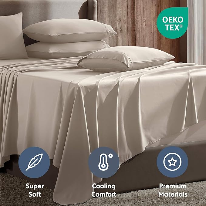 Nestl Extra Deep Queen Sheet Set - 6 Piece Breathable & Cooling Sheets - Hotel Luxury Bedding Set w/18-24 Inch Deep Pockets - Easy & Secure Fit - Super Soft, Wrinkle Free & Comfy - Beige Cream